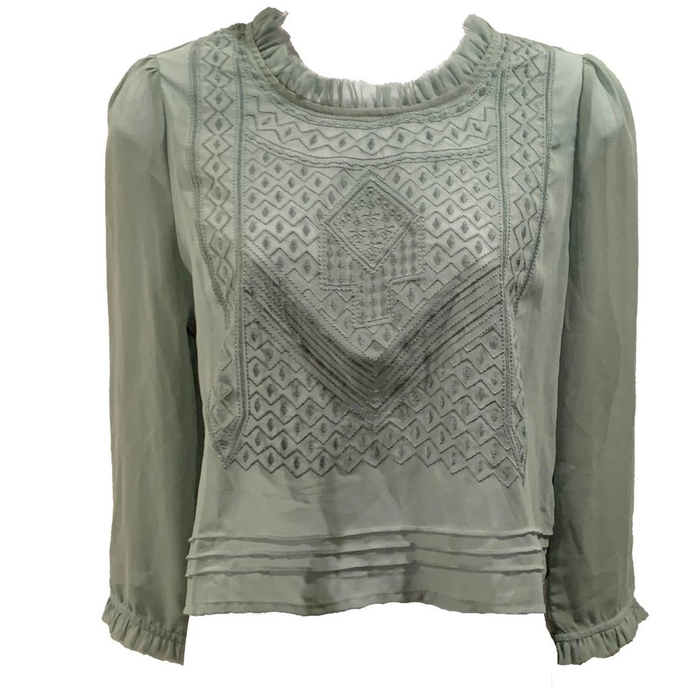 Ark & Co Light Green Embroidered Sheer Blouse, Size Medium